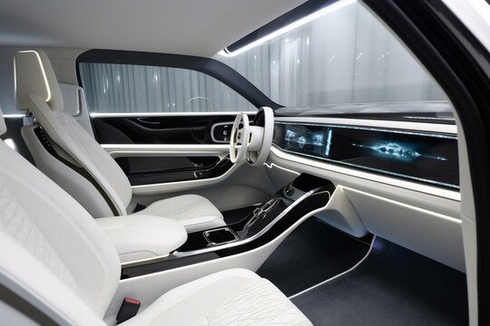 Concept SUV Interior Designed by Steelca for 2030: A Futuristic and Luxurious Driving Experience. Generative AI