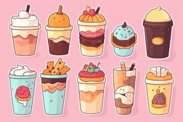 Creative concept food drink beverage illustration stickers take away coffee ice cream cups. Generative AI