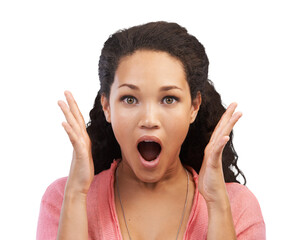 Hands, face and woman with wow, surprised and mind blown on isolated, transparent and png background. Good news, portrait and female with shocked, emoji and expression for announcement, deal or sale