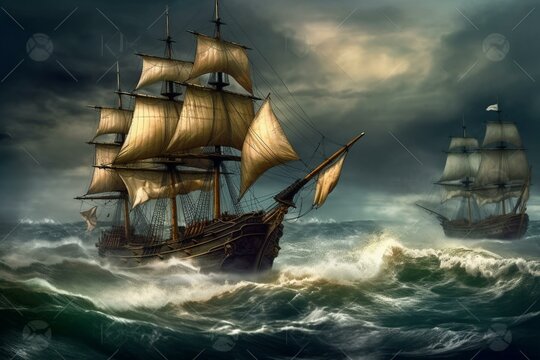 Digital painting of ancient warships traveling on rough seas. Generative AI