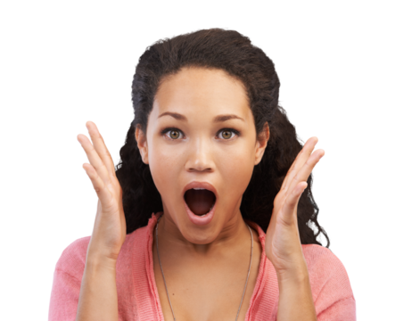 Hands, face and woman with wow, surprised and mind blown on isolated, transparent and png background. Good news, portrait and female with shocked, emoji and expression for announcement, deal or sale