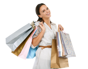 Shopping bags, happy woman and portrait isolated on transparent, png background for retail, discount and promo deal. Customer, person or fashion model with casual clothes, paper bags and spring sale