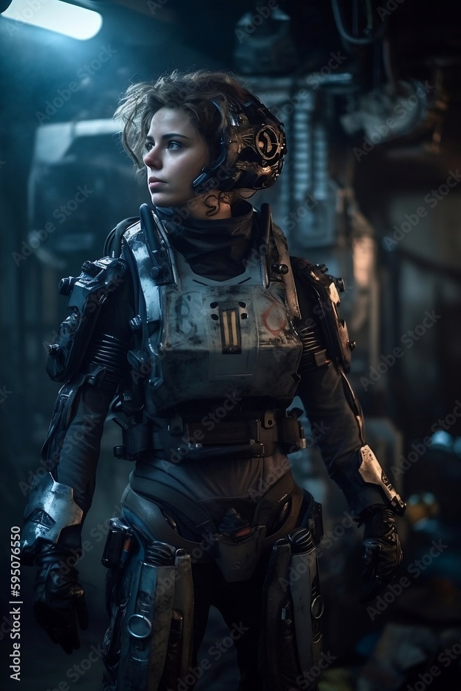 Wall mural a cyberpunk beautiful woman pilot, clad in an advanced exoskeleton suit. generative ai