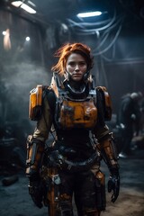Obraz na płótnie Canvas A cyberpunk beautiful woman pilot, clad in an advanced exoskeleton suit. generative AI