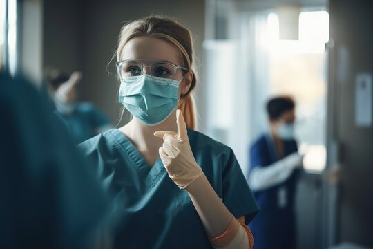 Nurse in emergency room wearing surgical face mask. Generative AI