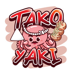 Little squid holding takoyaki. Vector illustration.