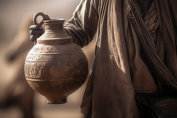 Close up shot of water holding old ceramic jug crossing the desert. Generative AI