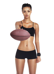 Portrait, football and fitness with a sports woman isolated on a transparent background for serious competition. PNG, exercise and workout with a confident female athlete holding a ball in challenge
