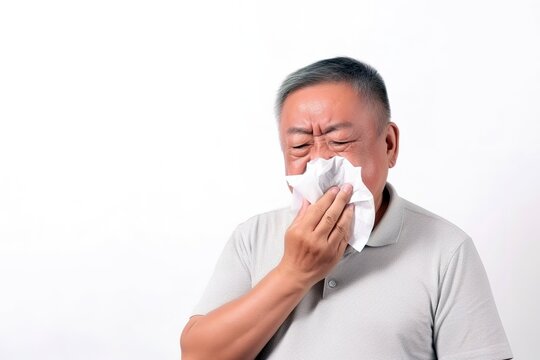 Senior Asian man sneezing his noose. Sickness, flu, awareness concept. White isolated background. Generative AI - Powered by Adobe