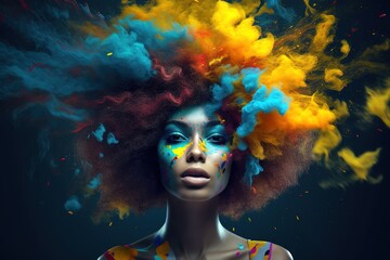 Surreal portrait of afro woman with colorful painting on face and hair. Generative AI