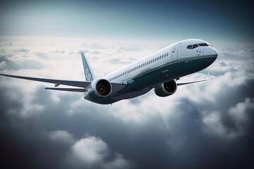 Fototapeta na wymiar Airplane Flying in the Sky. Transportation Concept on Blue Background