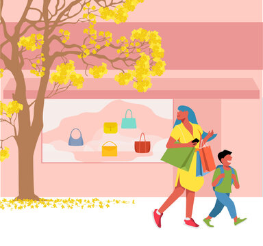 Vetor de M&atilde;e e filho fazendo compras em frete a vitrine na loja de bolsas - Compras em fam&iacute;lia - Presentes - Dia das M&atilde;es