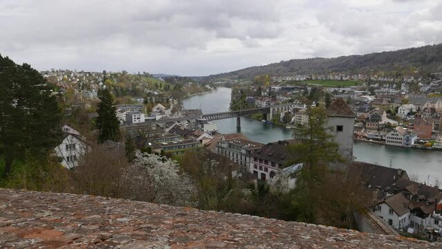 panning over the Munot famous landmark and  the Swiss city of Schaffhausen