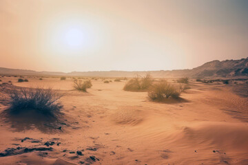 Fototapeta na wymiar Sunset in the desert. Extreme heat, high temperature. Hazy orange sky. Global warming. Generative AI