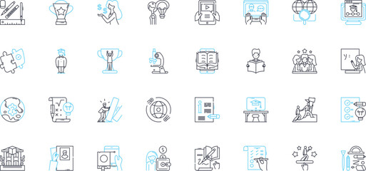 Digital learning linear icons set. E-learning, Gamification, Virtual, Interactive, Mobile, Collaborative, Adaptive line vector and concept signs. Online,Distance,Remote outline illustrations