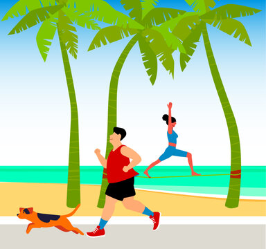 inclusive daily life - Weekend at the beach - Vector Illustration of a plus-size man jogging on the boardwalk of a sunny tropical beach with his dog and a girl practicing slacklining in the background