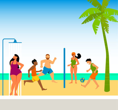 Vector Illustration - Weekend at the beach - walk on the beach - Friends Enjoying a Game of Footvolley on a Sunny Tropical Beach with Palm Trees - Fun Sports Activity