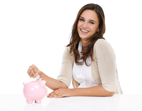 Piggy bank, coins and portrait of woman isolated on transparent, png background for savings, investment and finance. Happy young person with budget, financial management and money safe or security