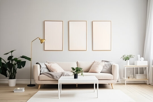 Interior in light colors with picture frames on the wall. Mockup. Generative AI