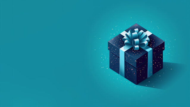 dunkelblaues Geschenk mit hellblauer Schleife auf blauem Hintergrund. Querformat. Generative Ai.