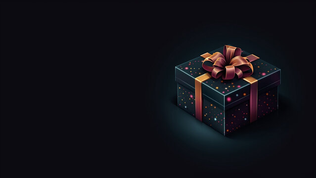 schwarzes Geschenk mit Punkten und mit brozener Schleife auf schwarzem Hintergrund. Querformat. Generative Ai.