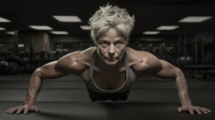 Fototapeta na wymiar Fictional person. Aging elderly senior baby boomer woman getting fit, exercising, and general wellness activities. Strong. Muscles. Created using generative AI.