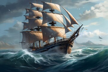 painting of a sailing ship on the sea in the style of 2d game art illustration. generative AI - obrazy, fototapety, plakaty