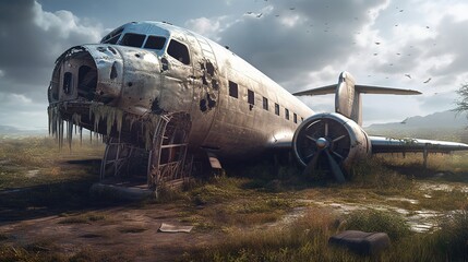 Abandoned aircraft after post-apocalyptic. Generative ai