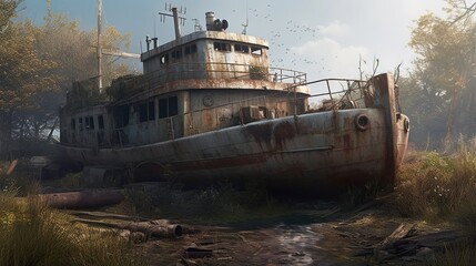 Abandoned shipwreck, wreck of old rusty ship or boat after post-apocalyptic. Generative ai