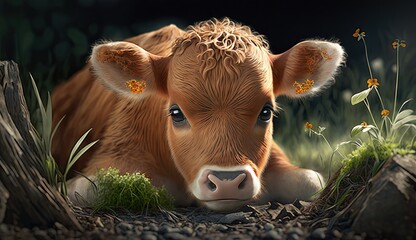 Wallpaper of a cute baby cow on a meadow. Created with generative Ai technology