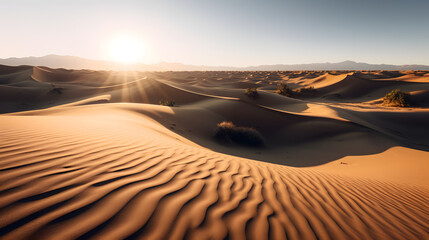 An awe-inspiring image of a vast, arid desert landscape, with dramatic sand dunes and the sun casting long shadows, emphasizing the contrasting textures and colors