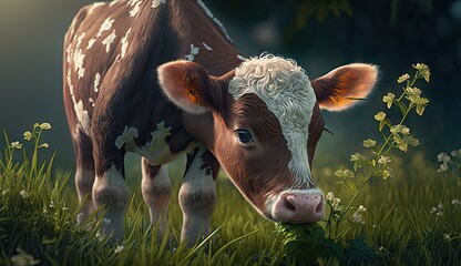 Wallpaper of a cute baby cow on a meadow. Created with generative Ai technology