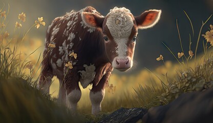 Wallpaper of a cute baby cow on a meadow. Created with generative Ai technology