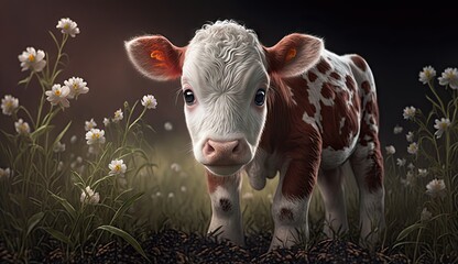 Wallpaper of a cute baby cow on a meadow. Created with generative Ai technology