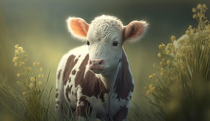 Wallpaper of a cute baby cow on a meadow. Created with generative Ai technology