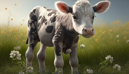 Wallpaper of a cute baby cow on a meadow. Created with generative Ai technology