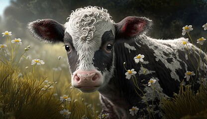 Wallpaper of a cute baby cow on a meadow. Created with generative Ai technology