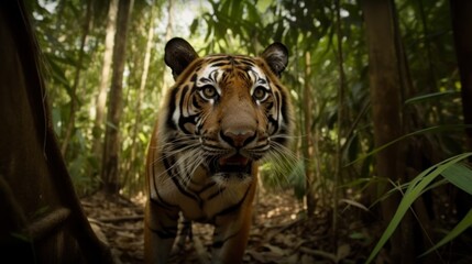 Fototapeta premium Tiger in a cinematic jungle forest background with beautiful colors generative ai