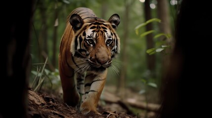 Fototapeta na wymiar Tiger in a cinematic jungle forest background with beautiful colors generative ai
