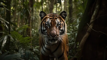 Tiger in a cinematic jungle forest background with beautiful colors generative ai