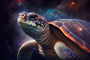 Fototapeta na wymiar colorful turtle in space surrounded by nebulas galaxy, style of realistic hyper-detailed rendering, precisionist art animal portrait, generative ai