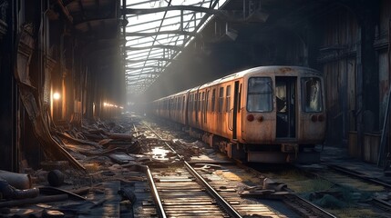 Naklejka premium Abandoned train wreck. Grungy abandoned underpass. Future post apocalypse environment concept. Neural network AI generated art
