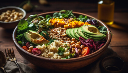 Fototapeta na wymiar Healthy vegetarian quinoa salad in rustic wooden bowl generated by AI