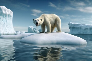 Naklejka na ściany i meble Polar Bear climbing onto melting iceberg. A Disappearing World: A Polar Bear on a Melting Ice Floe in Antarctica. Global warming. Generative ai