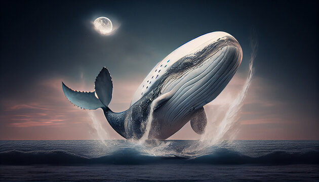 flying whale go to the moon. Cryptocurrency whale holder and buyer with soaring stock trading prices