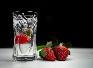 Glass cup with water and a strawberry in it.