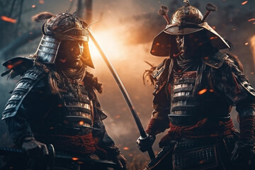 illustration of two samurai. Medieval japanese warriors. AI generated