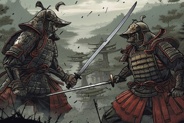 Battle of two samurai with katanas in traditional armor. Medieval Japanese warriors. The soldiers are fighting. generated by AI