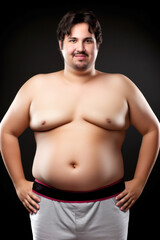 Obese but smiling shirtless man portrait. Generative AI