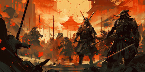 medieval battle of Japanese warriors. Samurai battle. AI generated